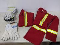 (2) Size 38T FR Red Coveralls with Reflective Striping and (6) Pairs of Gloves