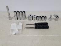 Gray Tools 19 Piece 1/2 Inch Drive Sockets, Adaptors, Extensions, Feeler Gauge and (2) 3/16 Inch Nut Drivers