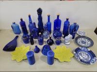 Qty of Blue Glass Bottles and Dishware