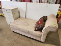 Microfibre Chaise and Wood 5 Drawer Dresser