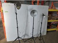 (3) Aluminum Tripods, Lights, Photo Backdrop and Shade Umbrella