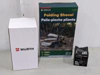 Folding Shovel, Wurth Lantern and Wurth Smart Socket