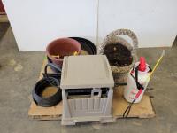 Deck Hose Reel Box, Concrete Planter and Qty of Gardening Tools