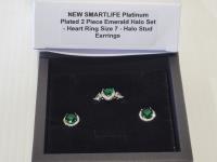 Smartlife Platinum Plated 2 Piece Emerald Halo Set