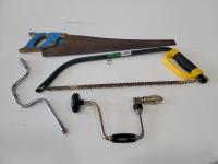 (2) Hand Saws, 1/2 Inch Swivel Wrench, Swivel Hand Drill