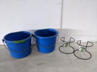 (2) Feed Buckets and (2) Medium Pet Bowl Stands