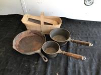(2) Cast Iron Sauce Pan w/ Cast Iron Frying Pan & Wood Basket 