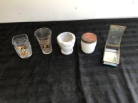 (2) Glass Cups w/ Marble Mortar, Trinket Box & Glass Jar 
