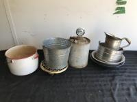 Qty of Pots w/ Metal Bucket & Tin Jerry Can 