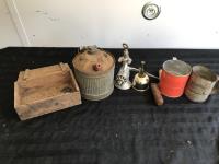 (2) Sifters w/ Wooden Box, Tin Jerry Can, Meat Grinder & Oil Can 