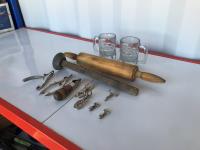 (2) A&W Glass Mugs w/ Rolling Pin, (5) Snap Hooks, Compass & Dog Nail Clipper