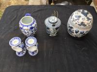 (2) Porcelain Teapots, (2) Porcelain Candle Holders & (1) Porcelain Jar 