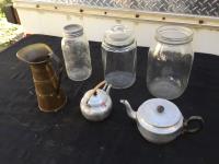 Copper Pitcher, (3) Glass Jars & (2) Tea Pots