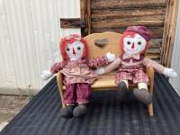 (2) Dolls w/ Wooden Bench