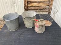 (2) Milk Buckets, Trash Can & Jerry Can