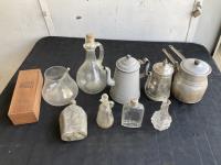 (4) Glass Jars, (3) Teapots, Glass Pot & Flask 