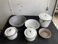 (2) Pots, (2) Bowls, Metal Bucket & Sieve