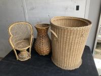 (2) Wicker Baskets & Wicker Chair 