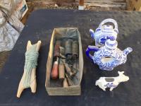 (2) Teapots, Qty of Strings & Needles & Cow Figurine 