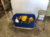 Tote Containing Assortment of Oil Cans, Funnels and (2) stools
