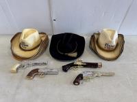 Black Stetson Cowboy Hat, (4) Gun Bottle Ornaments, Qty of Coors and Corona Hats