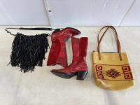 (2) Western Purses and Womens Size 8 Red Cowboy Boots