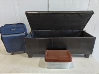 Faux Leather Ottoman, (3) Shoe Storage Boxes, Carry On Suitcase
