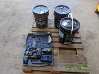 (3) 20L Pails of Assorted Oils and 18V Mastercraft Drill