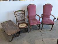 Wooden Coffee Table, Antique Wicker Rocking Chair (2) Arm Chairs