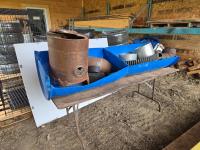 Blue Barrel Feed Trough, Small Wood Stove with Stove Pipe and Roof Flashing
