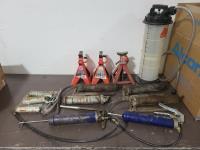 (3) Axle Stands, (7) Grease Guns & Motomaster Automotive Fluid Extractor