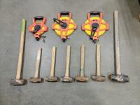 (5) 13 Inch Sledge Hammers, (2) 28 Inch Sledge Hammers, 100 Ft Tape Measure, (2) 300 Ft Tape Measures