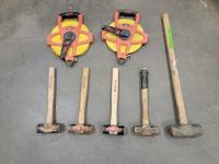 (4) 13 Inch Sledge Hammers, (1) 28 Inch Sledge Hammer, (2) 100 Meter Tape Measure