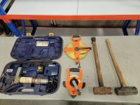 Lincoln Electric Grease Gun, 330 Ft Tape Measure, 100 Ft Tape Measure, (2) 22 Inch Sledge Hammers