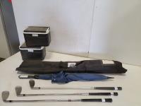 E-ZUP Pro Flag, (3) Golf Clubs, Umbrella and (2) Club Car Coolers