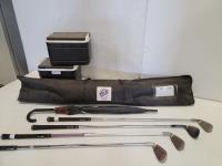 E-ZUP Pro Flag, (4) Golf Clubs, Umbrella and (2) Club Car Coolers