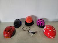 (5) Childrens Bike Helmets, Bike Seat and (2) Goggles