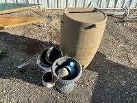 Poly Rain Barrel and Assorted Flower Pots