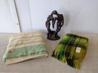 18 Inch Sculpture and (2) Wool Blankets