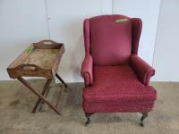 Red Wingback Chair and Wooden Tray with Folding Stand