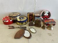 Qty of Tins, Antique, Bells, Mirrors and Hair Crimper