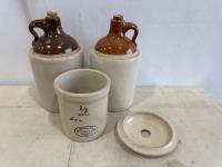 (2) Clay Jugs, (1) 1/2Gal Crock, Size 3-4 Butter Churn Lid