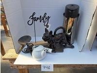 Coffee Dispenser, Water Can Pup and Family Sign