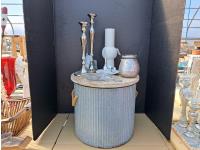 Storage Tin, Candle Stick and Vase