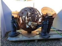 Metal Fire Pit Bowl, Vintage Tins and Pump