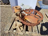 Metal Fire Bowl, Concrete Cougar, Concrete Puppy and Planters