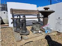 Concrete Fountain, Planter, Wood Bench and Pumps