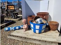 Outdoor Rug, Concrete Planter and Assorted Tins