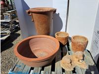 Terra Cotta Water Bowl, Concrete Planter and Puppy