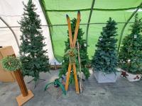 6 Ft Display Unlit Artificial Tree, Iron Tree Stands and Vintage Ski and Poles